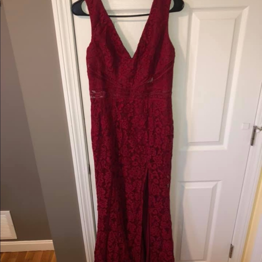 Formal red lace dress with slit
